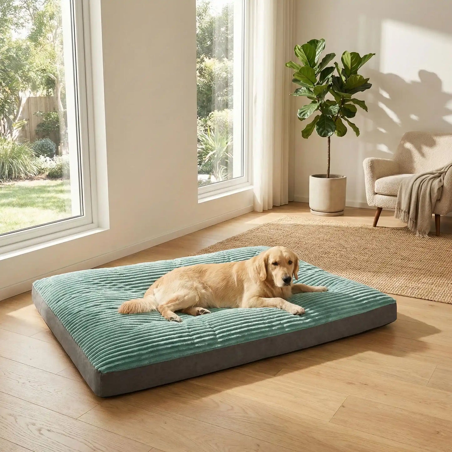 Housse-de-coussin-chien-anti poils et résistante aux griffes antidérapant-imperméable en velours de couleur gris et vert compatible avec notre coussin pénardToutou pour une housse de rechange, lavable en machine-taille M, L, XL et XXL