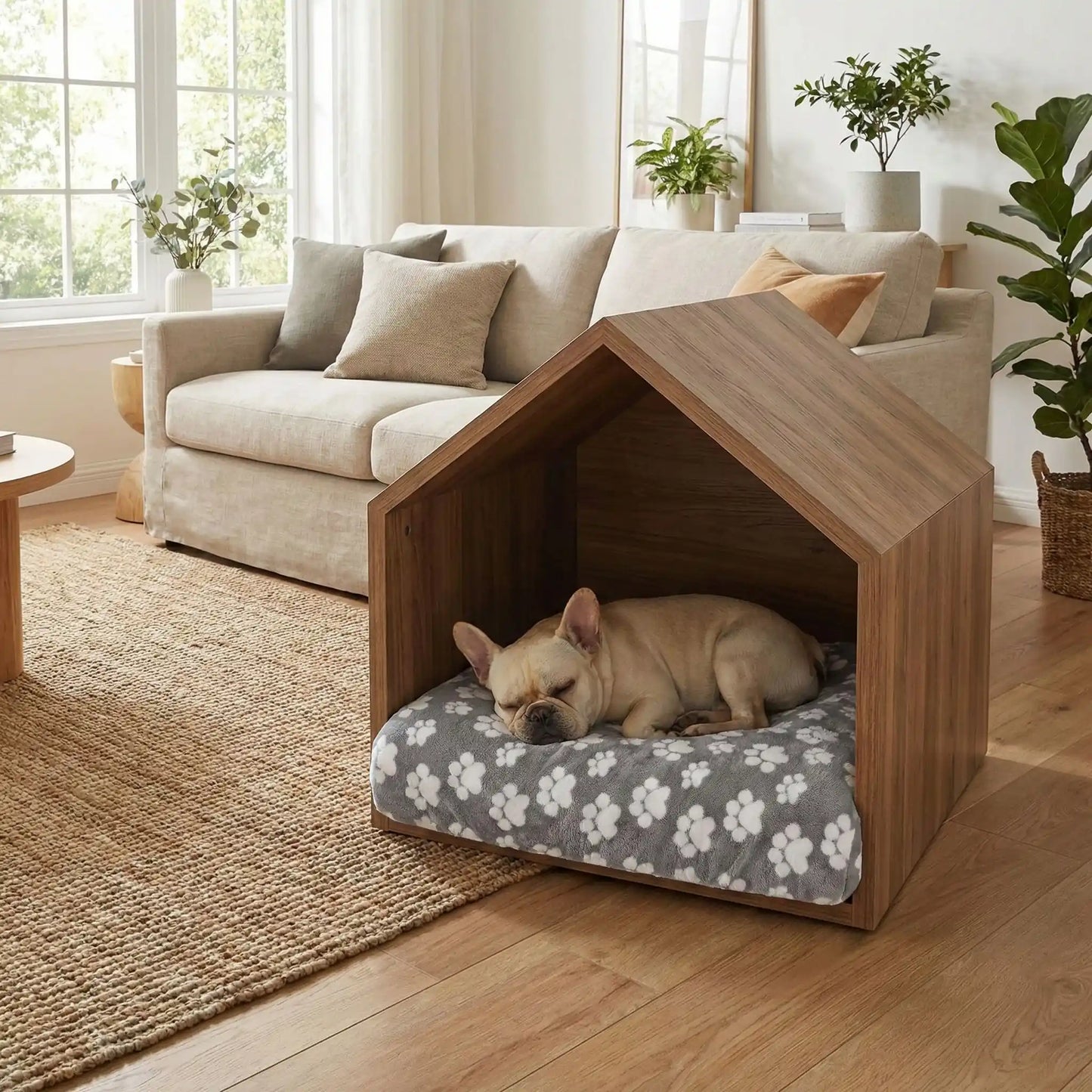 Housse-de-coussin-pour-chien-adaptable et universelle pour couchage, lit, cage pour chien en coton et polaire hypoallergénique douce et design pattes de chien mignon-housse avec élastique solide, de protection ultra douce, imperméable et hypoallergénique-disponible en 2 tailles L et XL, lavable en machine, résistante au griffes et aux chiens qui aiment creuser-un chien de taille moyenne qui dort paisiblement sur la housse qui enveloppe son coussin rectangulaire  dans sa niche intérieure design