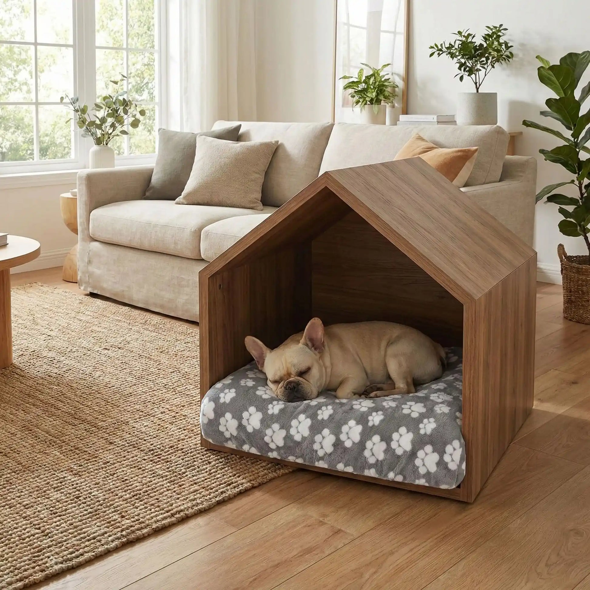 Housse-de-coussin-pour-chien-adaptable et universelle pour couchage, lit, cage pour chien en coton et polaire hypoallergénique douce et design pattes de chien mignon-housse avec élastique solide, de protection ultra douce, imperméable et hypoallergénique-disponible en 2 tailles L et XL, lavable en machine, résistante au griffes et aux chiens qui aiment creuser-un chien de taille moyenne qui dort paisiblement sur la housse qui enveloppe son coussin rectangulaire  dans sa niche intérieure design