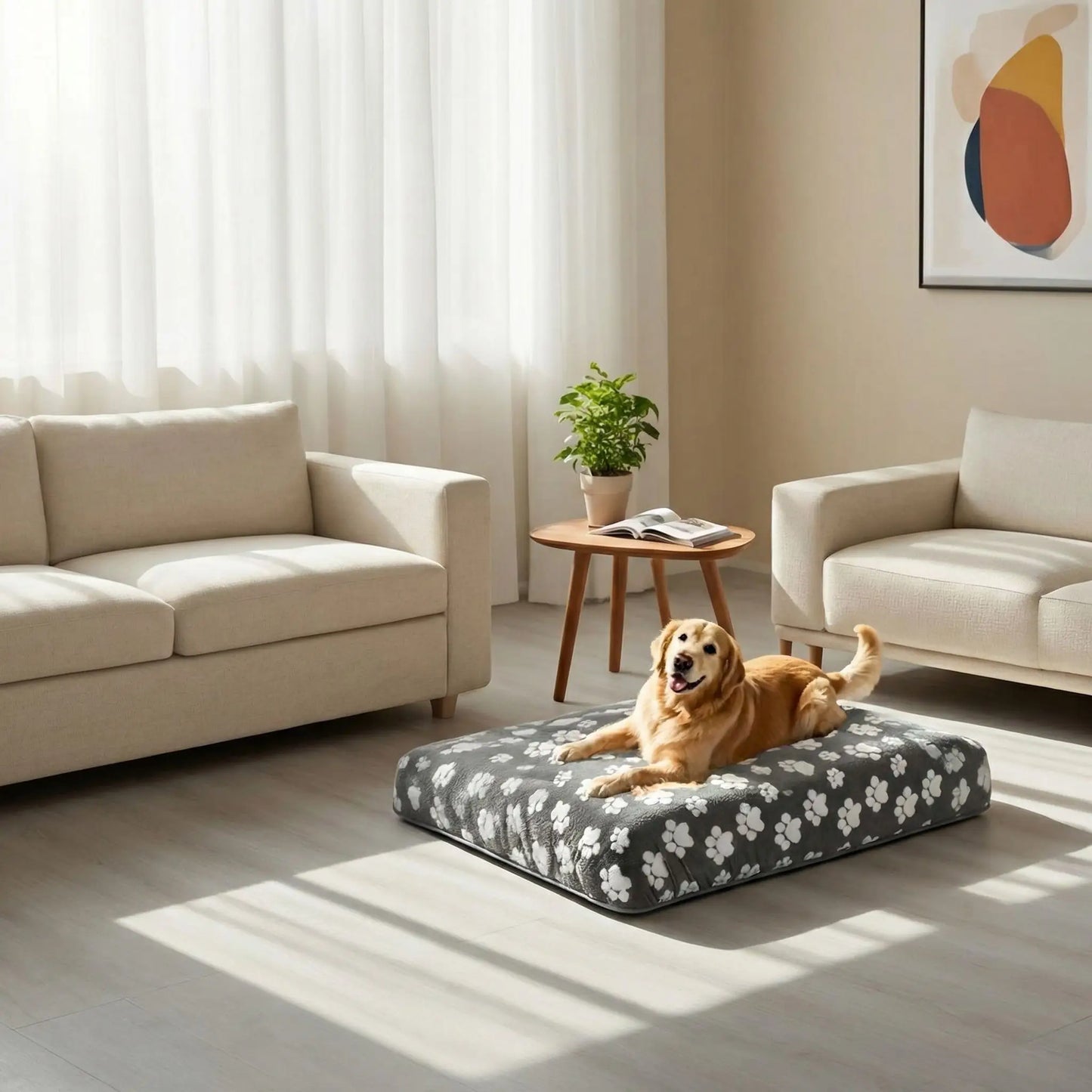 Housse-de-coussin-pour-chien-adaptable et universelle pour couchage, lit, cage pour chien en coton et polaire hypoallergénique douce et design pattes de chien mignon-housse avec élastique solide, de protection ultra douce, imperméable et hypoallergénique-disponible en 2 tailles L et XL, lavable en machine, résistante au griffes et aux chiens qui aiment creuser-ungrand chien couché confortablement sur la housse xxl qui enveloppe son coussin rectangulaire  dans le salon de la maison