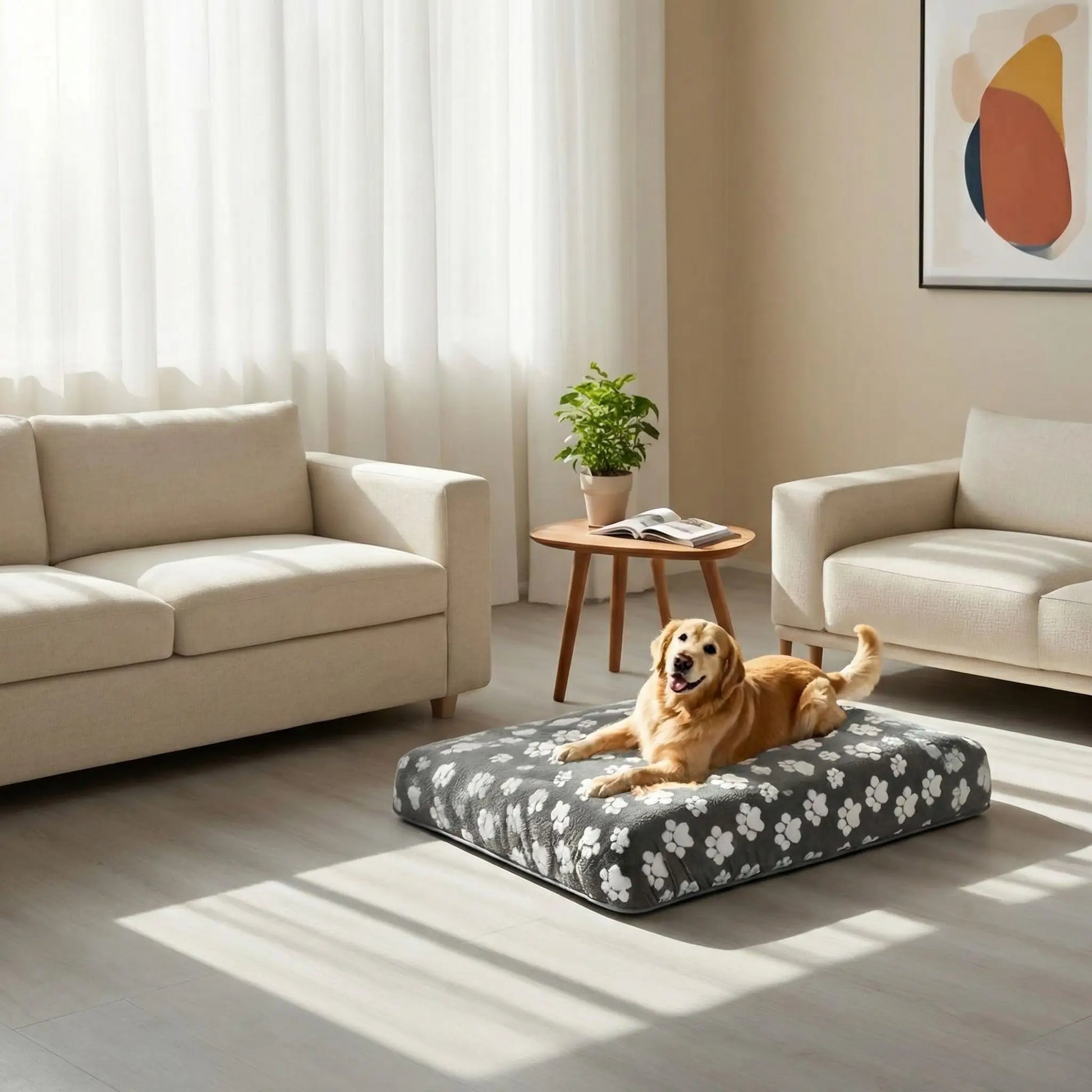Housse-de-coussin-pour-chien-adaptable et universelle pour couchage, lit, cage pour chien en coton et polaire hypoallergénique douce et design pattes de chien mignon-housse avec élastique solide, de protection ultra douce, imperméable et hypoallergénique-disponible en 2 tailles L et XL, lavable en machine, résistante au griffes et aux chiens qui aiment creuser-ungrand chien couché confortablement sur la housse xxl qui enveloppe son coussin rectangulaire  dans le salon de la maison