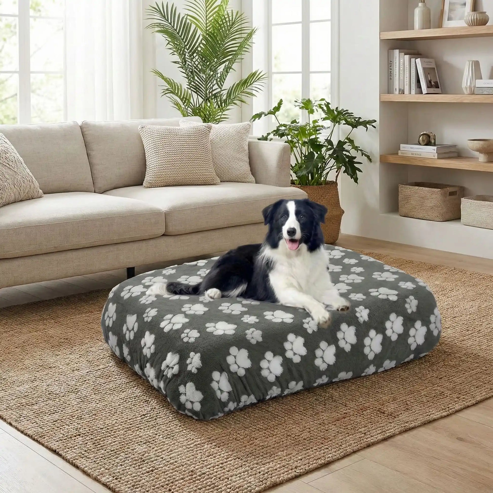 Housse-de-coussin-pour-chien-adaptable et universelle pour couchage, lit, cage pour chien en coton et polaire hypoallergénique douce et design pattes de chien mignon-housse avec élastique solide, de protection ultra douce, imperméable et hypoallergénique-disponible en 2 tailles L et XL, lavable en machine, résistante au griffes et aux chiens qui aiment creuser-un chien de taille moyenne à poils longs couché confortablement sur la housse qui enveloppe son matelas rectangulaire  dans le salon de la maison