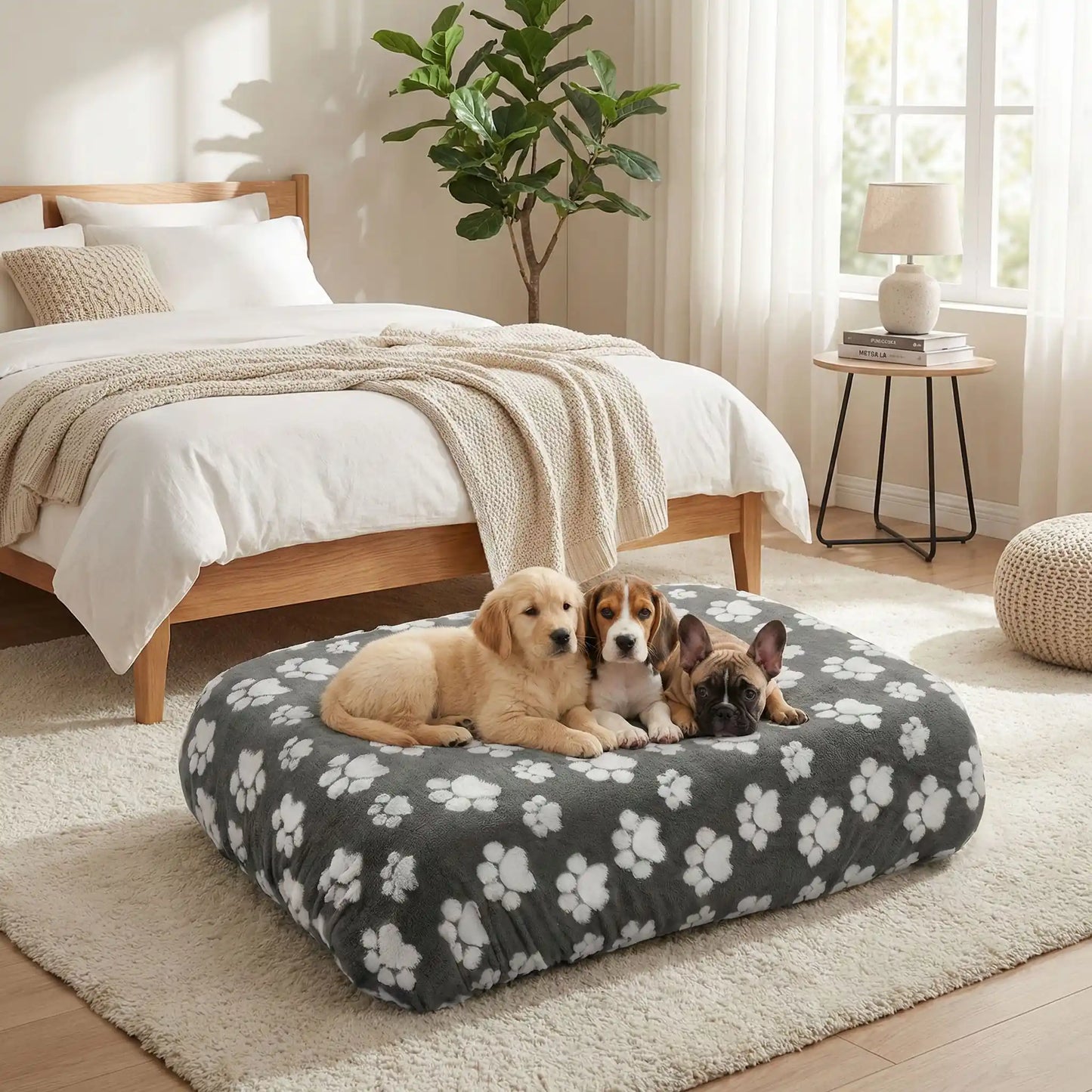 Housse-de-coussin-pour-chien-adaptable et universelle pour couchage, lit, cage pour chien en coton et polaire hypoallergénique douce et design pattes de chien mignon-housse avec élastique solide, de protection ultra douce, imperméable et hypoallergénique-disponible en 2 tailles L et XL, lavable en machine, résistante au griffes et aux chiens qui aiment creuser-des petits chiots couchés confortablement sur la housse xxl  qui enveloppe son matelas rectangulaire  dans la chambre de l'appartement