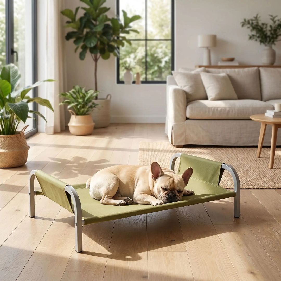 Housse-lit-de-camp-chien-de-rechange-vert en tissu oxford résistant, 100% imperméable, respirant, hygiénique, anti-poils, pour lit de camp surélevé ImperméableToutou™, lavable en machine avec coutures solides de 50x39 cm pour chiot et chien de 0 à 15 kg-un Bouledogue qui dort paisiblement et confortablement sur la housse de rechange kaki pour un lit hamac ergonomique en tissu doux et résistant aux griffes insérée dans la stucture e acier sur pieds du lit surélevé dans le salon de la maison en été