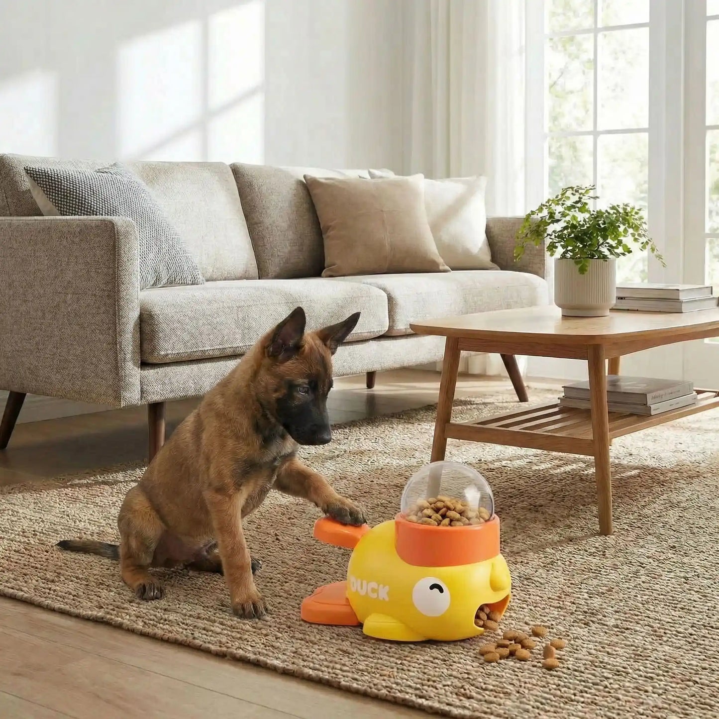 Jeu-intelligent-pour-chien-chiot-interactif, en forme de canard original avec pédale pour libérer les croquettes ou le friandises , jouet distributeur de croquettes avec rotation pour stimuler l'intelligence du chien, et un effet anti-glouton qui ralenti la prise d'alimentation, éducatif pour le chiot et le chien adulte-un chiot malinois qui appie sur la pédale pour libérer les croquettes du jouet dans le salon de l'appartement