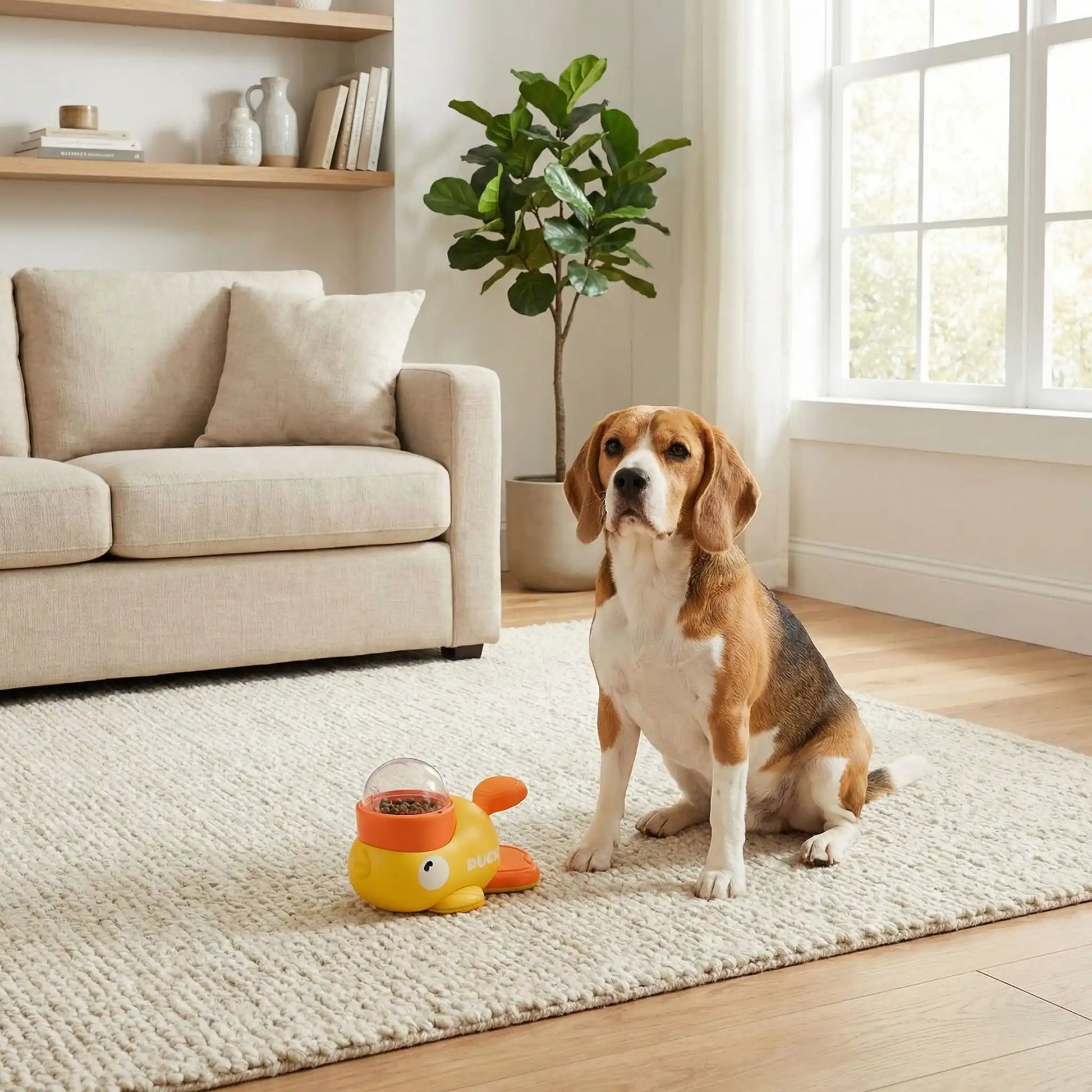 Jeu-intelligent-pour-chien-chiot-interactif, en forme de canard original avec pédale pour libérer les croquettes ou le friandises , jouet distributeur de croquettes avec rotation pour stimuler l'intelligence du chien, et un effet anti-glouton qui ralenti la prise d'alimentation,jouet éducatif et d'occupation pour le chiot et le chien adulte-un chien adultequi attend que son maitre parte de la maison pour utiliser le canard avec pédale distributeur de croquette, idéal pour le rituel de séparation