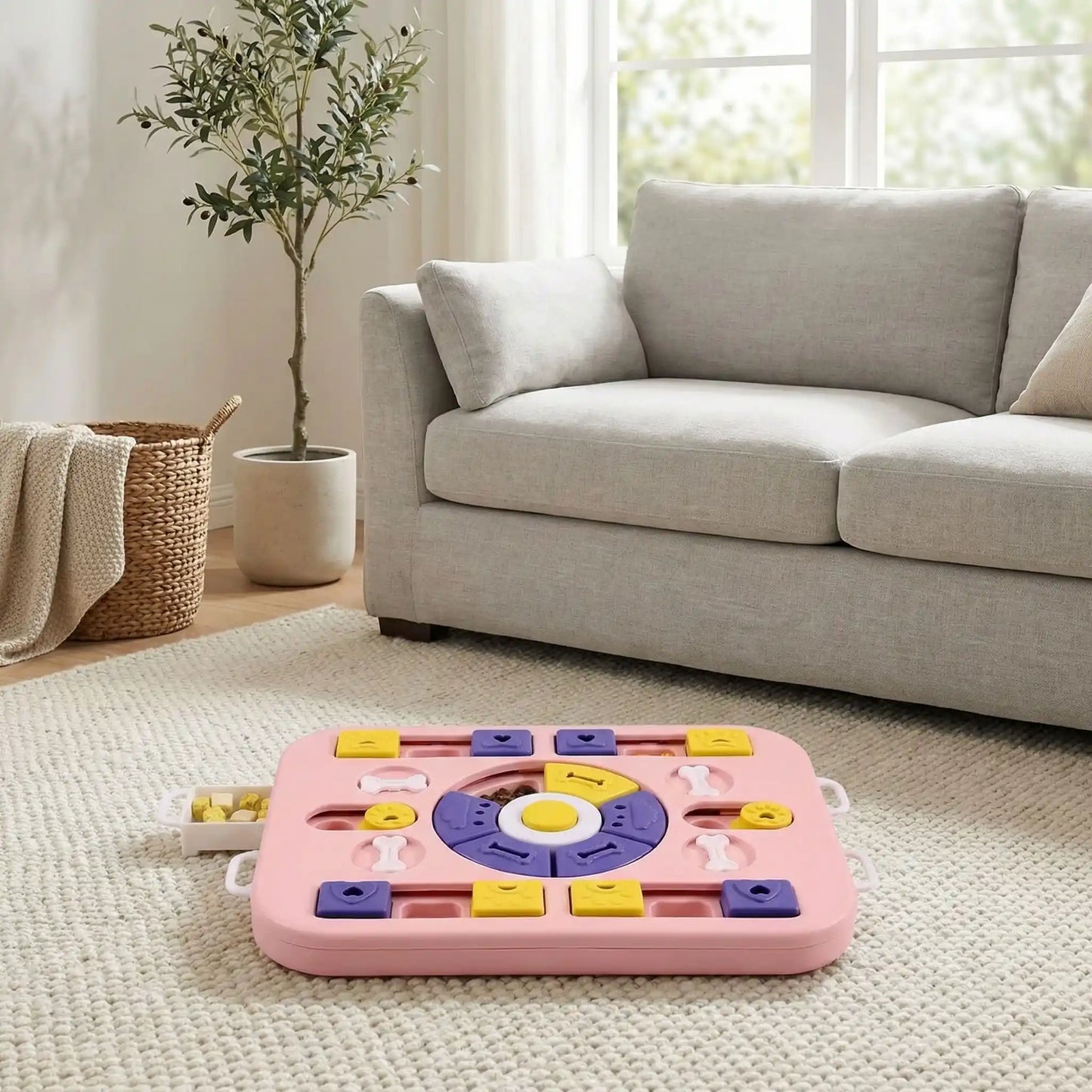 Jeu-pour-chien-intelligent-Qi-anti-anxiété-de-séparation, Design antidérapant avec 4 patins en caoutchouc pour éviter les renversements
Matériau PP ultra-résistant, sans danger et compatible lave-vaisselle
Dimensions généreuses (35×26×3,8 cm) adaptées à toutes les races
24 points mobiles et 26 trous d'alimentation pour multiplier les défis
Bouton sonore central qui éveille la curiosité naturelle- gros plan sur le jouet intelligent distributeur de croquette de couleur rose