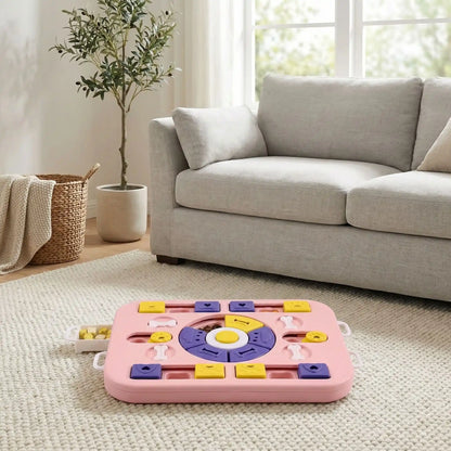Jeu-pour-chien-intelligent-Qi-anti-anxiété-de-séparation, Design antidérapant avec 4 patins en caoutchouc pour éviter les renversements
Matériau PP ultra-résistant, sans danger et compatible lave-vaisselle
Dimensions généreuses (35×26×3,8 cm) adaptées à toutes les races
24 points mobiles et 26 trous d'alimentation pour multiplier les défis
Bouton sonore central qui éveille la curiosité naturelle- gros plan sur le jouet intelligent distributeur de croquette de couleur rose