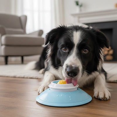 Jouet-d-occupation-chien-alimentaire-bol de léchage avec boule rotative et rainure qui massent et nettoie en douceur les gencives et les dent pour une meilleur hygiène dentaire, démontable et lavable avec patins antidérapant et ventouse pour la placer sur tout type de support-un goldinou allongé et apaisé qui lèche avec bonheur le jouet en forme de bol rempli def glace en été pour se rafraichir sur le sol du salon