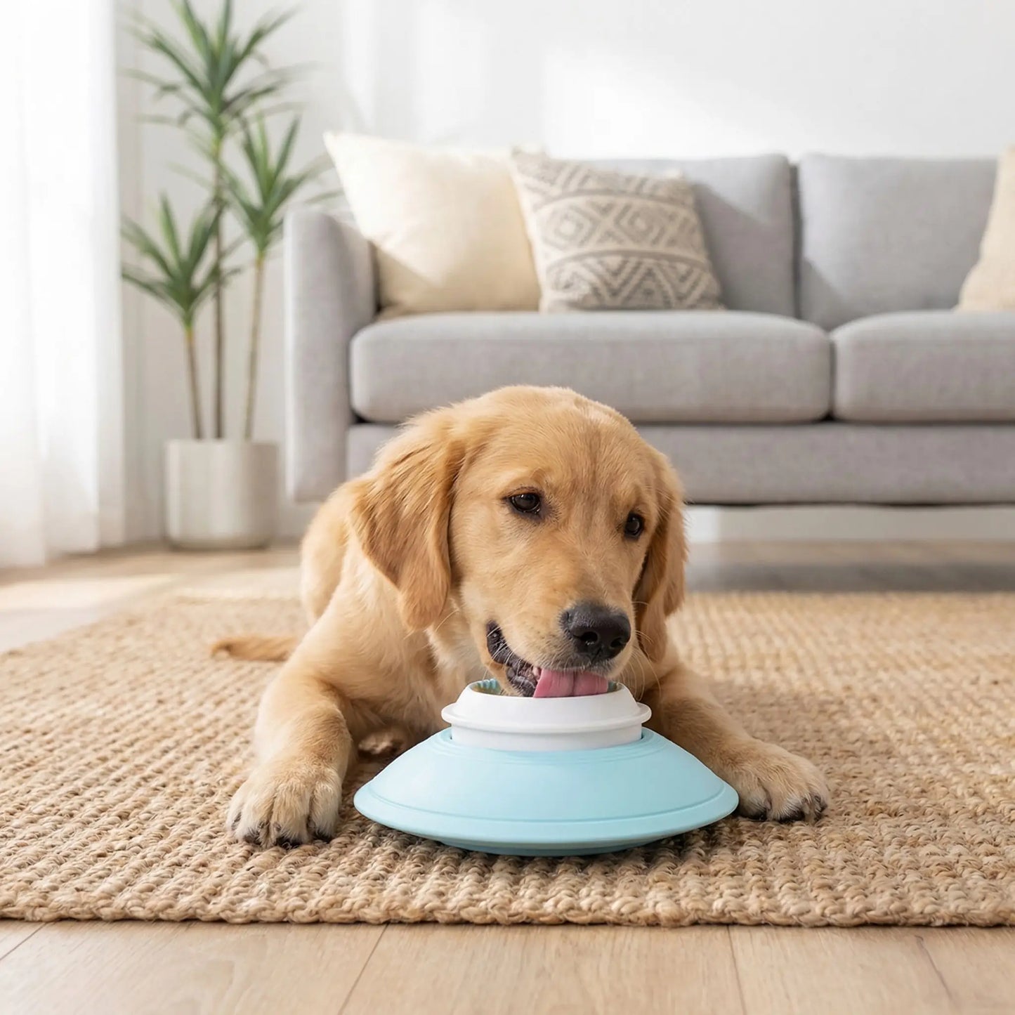 Jouet-d-occupation-chien-alimentaire-bol de léchage avec boule rotative et rainure qui massent et nettoie en douceur les gencives et les dent pour une meilleur hygiène dentaire, démontable et lavable avec patins antidérapant et ventouse pour la placer sur tout type de support-un chiot golden retirever allongé et apaisé qui lèche avec bonheur le jouet en forme de bol rempli de pâté pour chiot qui masse les gencives et soulage la poussée dentaire
