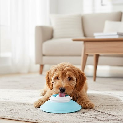 Jouet-d-occupation-chien-alimentaire-bol de léchage avec boule rotative et rainure qui massent et nettoie en douceur les gencives et les dent pour une meilleur hygiène dentaire, démontable et lavable avec patins antidérapant et ventouse pour la placer sur tout type de support-un chiot allongé et apaisé qui lèche avec bonheur le jouet en forme de bol rempli de pâté pour chiot qui masse les gencives et soulage la poussée dentaire