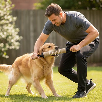 Jouet-indestructible-chien-interactif-coton-lin pour jeu de traction, de rermorqueur, de tir à lacorde, avec deux sangles aux extrémité et boudin doux et résistant aux morsures et machoires puissantes-un golden retriever qui joue avec son maitre au tir à la corde dans le jardin de la maison
