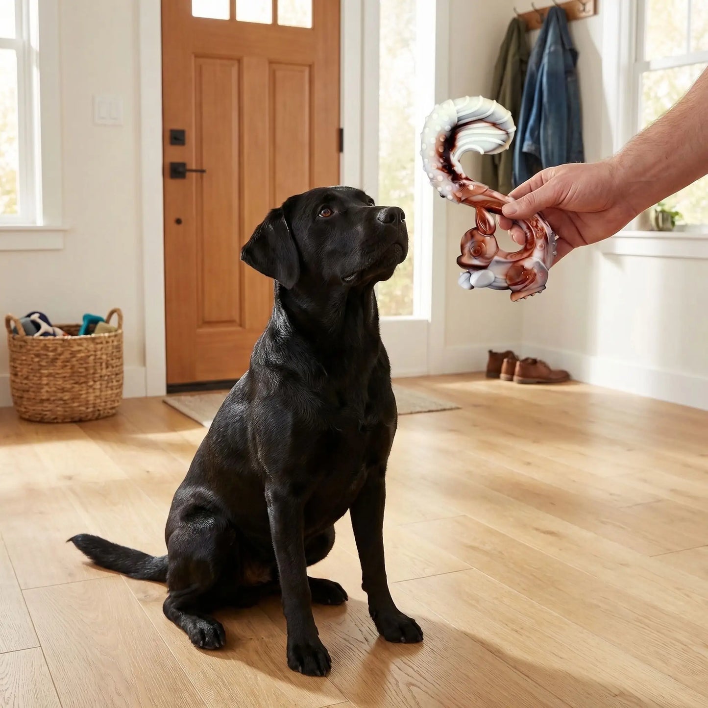 Jouet-indestructible-pour-chien-a-mâcher saveur boeuf pour machoires puissantes, chien agressif, mordeur ou chien destructeur- en nylon sans produits chimiques, nettoie les dents, masse ses gencives, jouet d'occupation pour chien de taille moyenne à grande-un labrador qui attend avec impatience que son maitre lui donne son jouet avant que celui ci parte de la maison pour travailler
