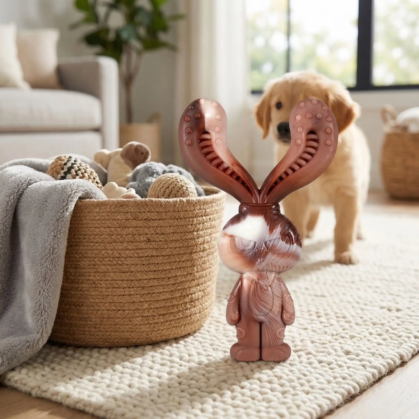 Jouet-indestructible-pour-chien-a-mâcher saveur boeuf pour machoires puissantes, chien agressif, mordeur ou chien destructeur- en nylon sans produits chimiques, nettoie les dents, masse ses gencives, jouet d'occupation pour chien de taille moyenne à grande-gros plan sur le jouet solide lapin