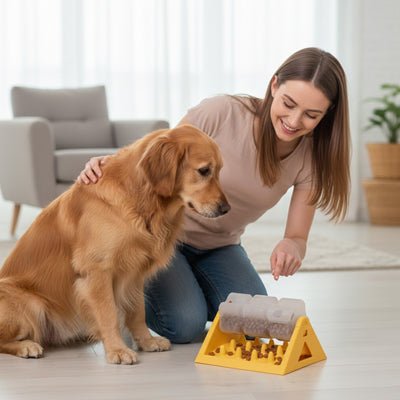 Jouet-intelligent-pour-chien-alimentaire, gamelle anti glouton qui stimule son intelligence et ses capacité motrices, avec ses 3 compartiments rotatifs sur le support stable et antidérapant en forme de triangle fond qui récupère les croquettes anti-fuite et 100% imperméable, lavable à l'eau et au  lave vaisselle, demontable faciment par un clip pour une hygiène parfaite- un Golden retriever assis à côté de sa maitresse qui lui presente en souraint son distributeur de croquette robuste avant de partir 