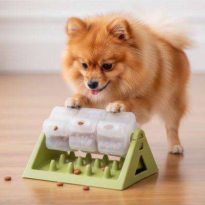 Jouet-intelligent-pour-chien-alimentaire, gamelle anti glouton qui stimule son intelligence et ses capacité motrices, avec ses 3 compartiments rotatifs sur le support stable et antidérapant en forme de triangle fond qui récupère les croquettes anti-fuite et 100% imperméable, lavable à l'eau et au  lave vaisselle, demontable faciment par un clip pour une hygiène parfaite- un petit chien qui utilise ses pattes pour faire tourner les compartiment du jeu qui laisse tomber des croquettes petit à petit 