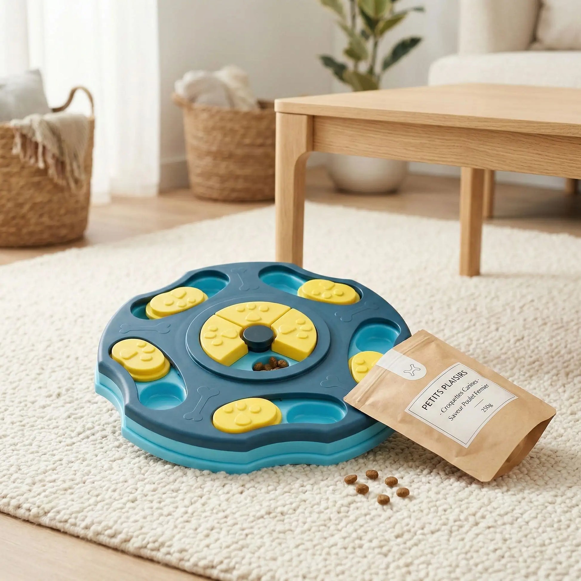 Jouet-intelligent-pour-chien-actif, robuste , puzzle alimentaire, gamelle anti-glouton, distributeur de croquette, sans BPA etr lavable en lave vaisselle , avec 5 pieds surélevés antidérapant pour chiot et chien, jeu d'entrainement mentale, anti anxiété, jouet d'occupation avec recherche de croquettes cachées, jouet anti ennui, idéal pour chien destructeurs ou agités- disponible en deux coloris bleu ou rose, avec 9 cachettes pour croquettes ou firandise pour stimuler les races intelligentes ou les chiots