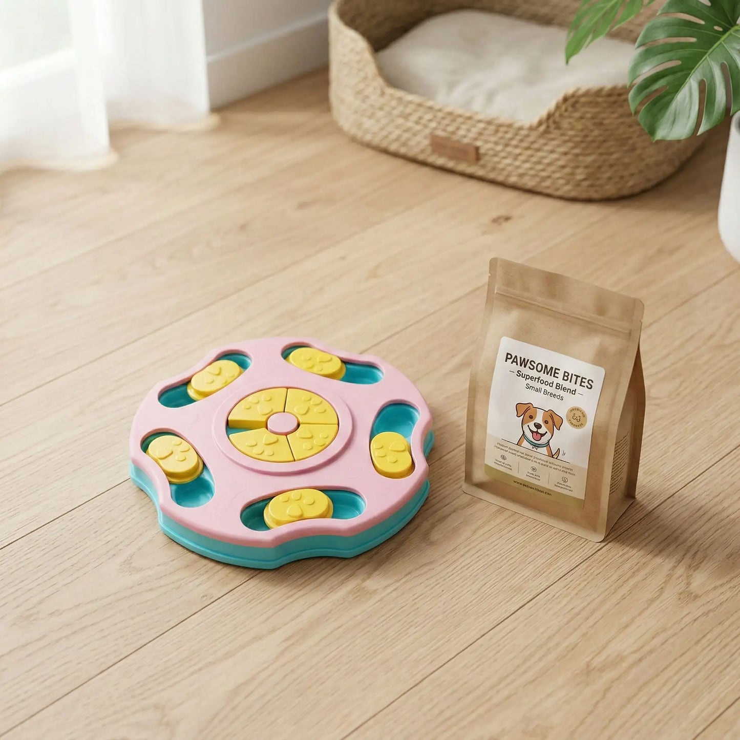 Jouet-intelligent-pour-chien-actif, robuste , puzzle alimentaire, gamelle anti-glouton, distributeur de croquette, sans BPA etr lavable en lave vaisselle , avec 5 pieds surélevés antidérapant pour chiot et chien, jeu d'entrainement mentale, anti anxiété, jouet d'occupation avec recherche de croquettes cachées, jouet anti ennui, idéal pour chien destructeurs ou agités- photo du modèle rose avec son petit sachet à friandises à coté