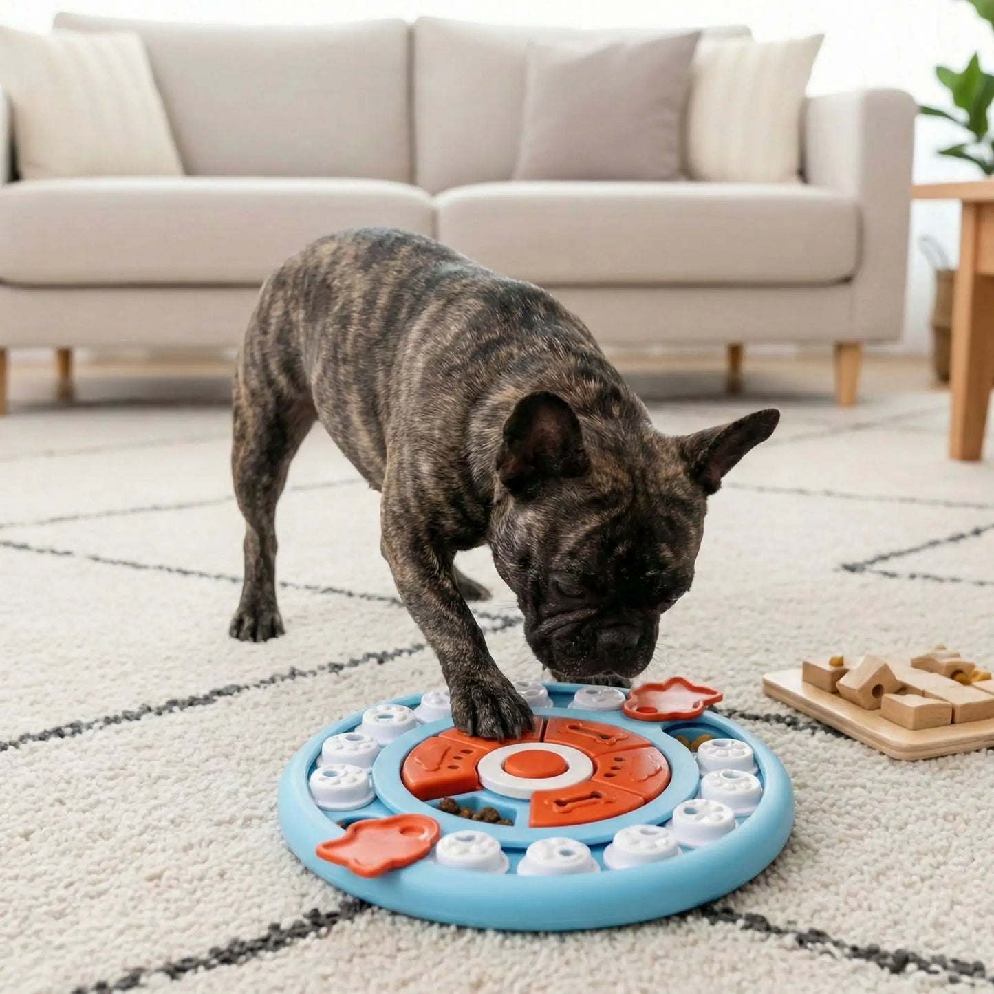 Jouet-intelligent-pour-chien-chiot-puzzle-compatible pour le lave-vaisselle, surface arrondie et lisse qui respecte sa langue et ses dents
Réduction immédiate des vomissements après repas
Meilleure assimilation des nutriments grâce à la mastication
Satiété prolongée qui évite les demandes constantes
Convient aux chiots comme aux chiens adultes-stimulation mentale-un bouledogue français qui mange doucement en résolvant et déplacant avec sa patte et sa truffe les cachettes pour trouver les croquettes
