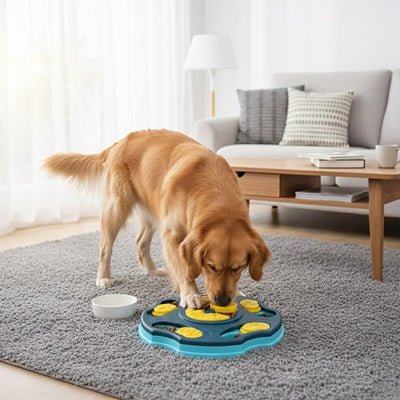 Jouet-intelligent-pour-chien-actif, robuste , puzzle alimentaire, gamelle anti-glouton, distributeur de croquette, sans BPA etr lavable en lave vaisselle , avec 5 pieds surélevés antidérapant pour chiot et chien, jeu d'entrainement mentale, anti anxiété, jouet d'occupation avec recherche de croquettes cachées, jouet anti ennui, idéal pour chien destructeurs ou agités- un grand chien heureux qui cherche les croquettes cachées dans le jeu et les mange doucement qui l'aide à apprendre à être seul