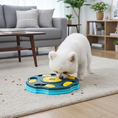 Jouet-intelligent-pour-chien-actif, robuste , puzzle alimentaire, gamelle anti-glouton, distributeur de croquette, sans BPA etr lavable en lave vaisselle , avec 5 pieds surélevés antidérapant pour chiot et chien, jeu d'entrainement mentale, anti anxiété, jouet d'occupation avec recherche de croquettes cachées, jouet anti ennui, idéal pour chien destructeurs ou agités- un chiot heureux qui cherche les croquettes cachées dans le jeu et les mange doucement pour une stimulation mentale positive 