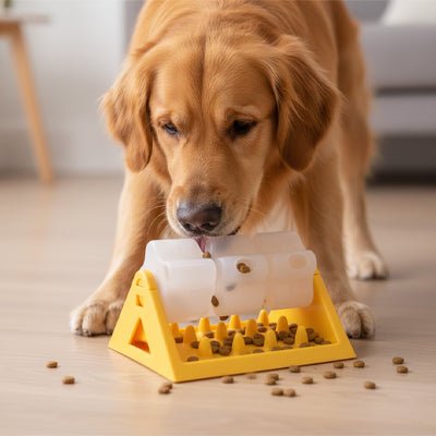 Jouet-intelligent-pour-chien-alimentaire, gamelle anti glouton qui stimule son intelligence et ses capacité motrices, avec ses 3 compartiments rotatifs sur le support stable et antidérapant en forme de triangle fond qui récupère les croquettes anti-fuite et 100% imperméable, lavable à l'eau et au  lave vaisselle, demontable faciment par un clip pour une hygiène parfaite- un grand chien qui prend sa ration alimentaire doucement et améliore sa digestion grâce à l'effet ralentissement anti glouton du jeu 