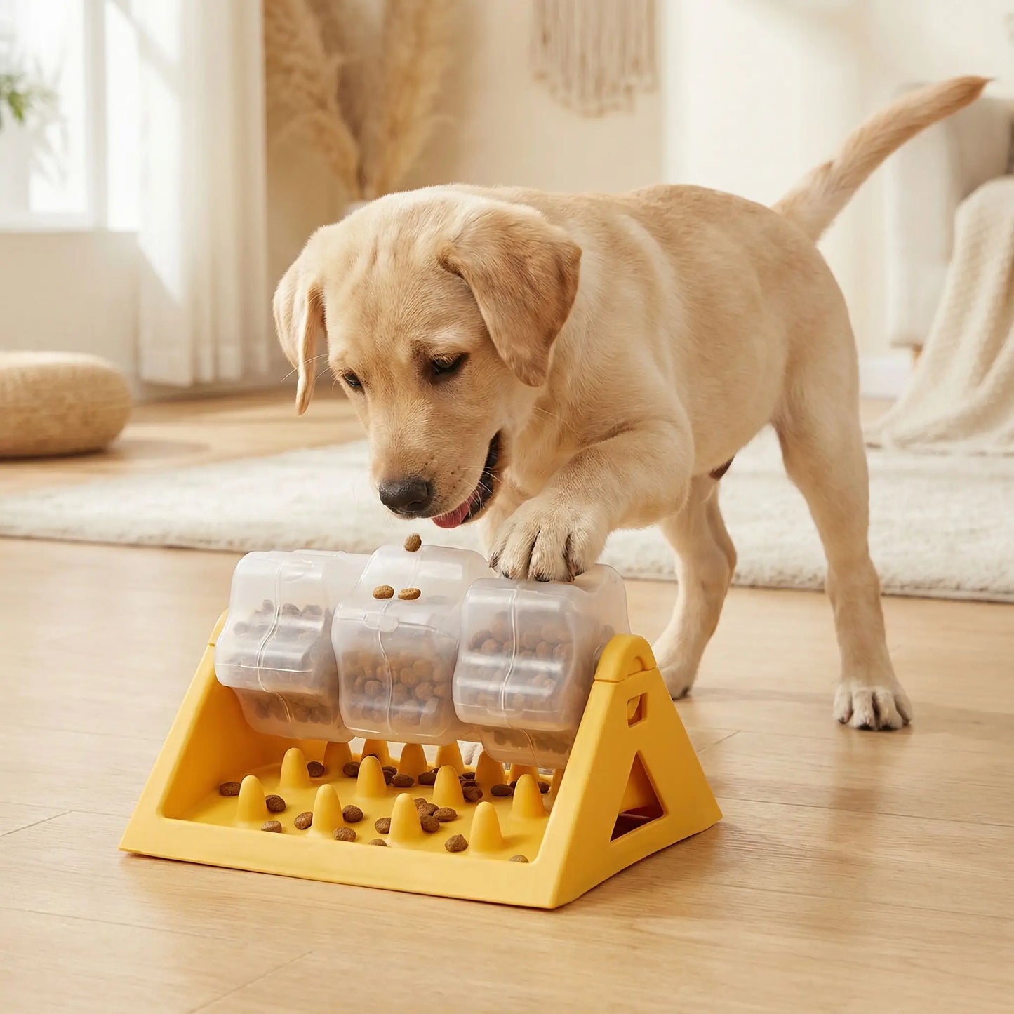 Jouet-intelligent-pour-chien-alimentaire, gamelle anti glouton qui stimule son intelligence et ses capacité motrices, avec ses 3 compartiments rotatifs sur le support stable et antidérapant en forme de triangle fond qui récupère les croquettes anti-fuite et 100% imperméable, lavable à l'eau et au  lave vaisselle, demontable faciment par un clip pour une hygiène parfaite- un chiot labrador qui utilise ses pattes pour faire tourner les compartiments du jouet qui laisse tomber des croquettes petit à petit 