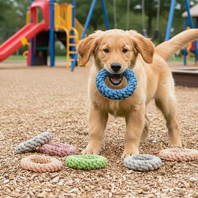 Jouet-pour-chien-destructeur-lot de 3 anneaux en corde de plusieurs couleurs tressée, 100% coton, matériau naturel et sans danger, indestuctible pour chien de taille moyenne à grande taille, brossage naturel des dents par l'action de mastication, masse les gencive, hygiène bucco dentaire ludique en jouant, possibilité de jeu de tir à la corde-un chiot labrador qui joue avec son anneau dans la machoire dans le parc avec son maitre
