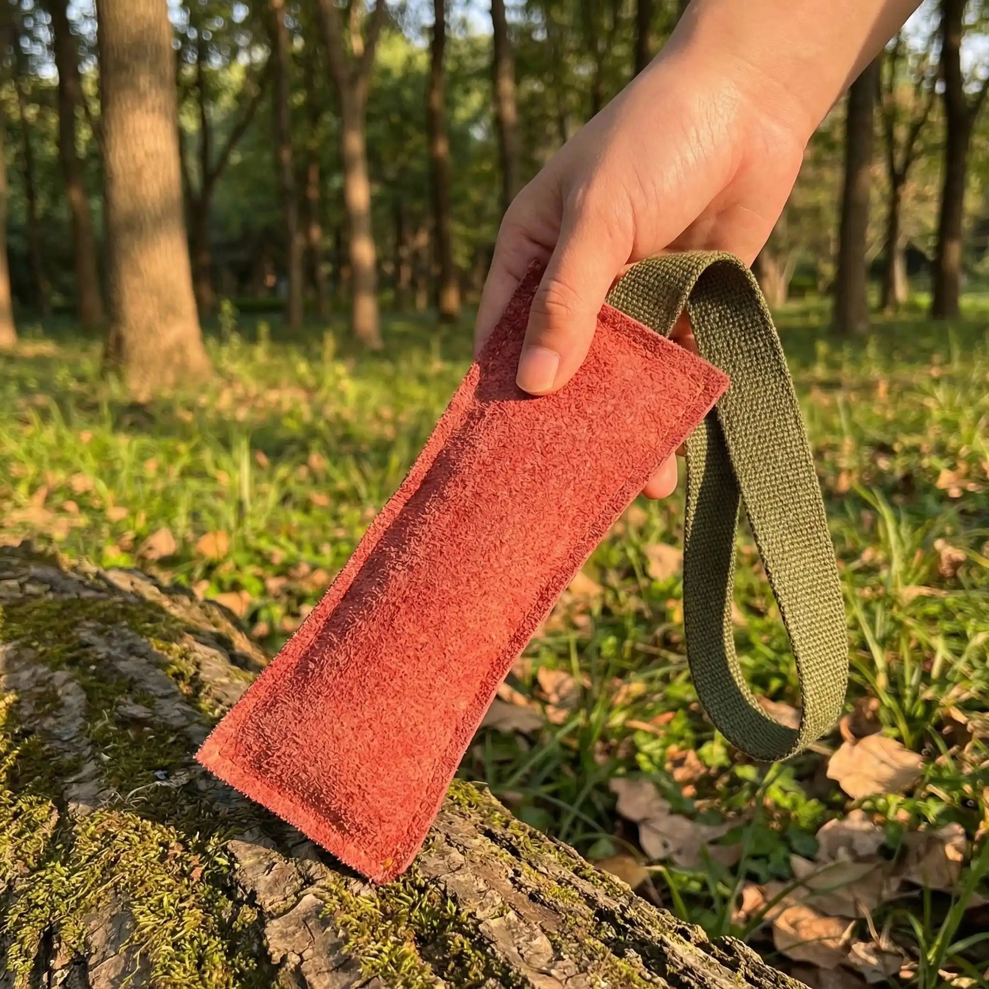 Jouet-pour-chien-indestructible-avec-sangles, en cuir et coton doux, rembourrage coton, pour jeu interactif, éducatif du tug, remorquage ou tir à la corde, jouet durable et écoresponsable, disponible en 3 tailles S, M et L pour chiot et petit à grand chien- gros plan du modè-le jouet solide en taille S pour chiot et petit chien avec une sangle en nylon douce et solide dans la main du maitre en sortie avec son chien