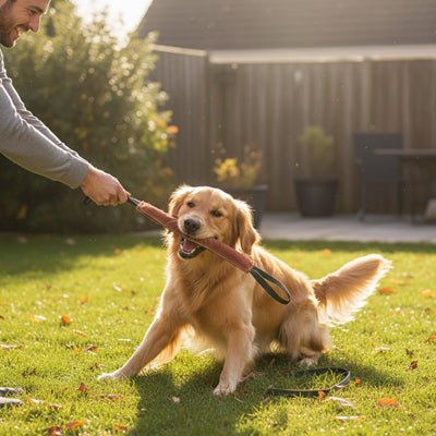 Jouet-pour-chien-indestructible-avec-sangles, en cuir et coton doux, rembourrage coton, pour jeu interactif, éducatif du tug, remorquage ou tir à la corde, jouet durable et écoresponsable, disponible en 3 tailles S, M et L pour chiot et petit à grand chien- un grand chien heureux qui tire en mordant dans le jouet doux et solide avec son maitre qui tient fermement le jouet par la sangle en toute sécurité pour des jeux interactifs dans le jardin de la maison