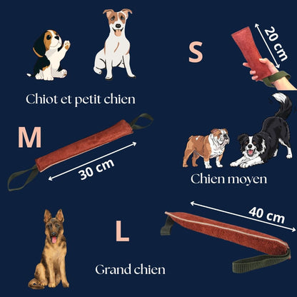 Jouet-pour-chien-indestructible-avec-sangles, en cuir et coton doux, rembourrage coton, pour jeu interactif, éducatif du tug, remorquage ou tir à la corde, jouet durable et écoresponsable, disponible en 3 tailles S, M et L pour chiot et petit à grand chien- guide des tailles S,M et L avec correspondance des tailles des chiens et dimensions détaillées de chaque modèle en photos et illustrations