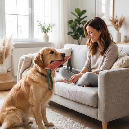 Jouet-pour-chien-indestructible-avec-sangles, en cuir et coton doux, rembourrage coton, pour jeu interactif, éducatif du tug, remorquage ou tir à la corde, jouet durable et écoresponsable, disponible en 3 tailles S, M et L pour chiot et petit à grand chien- un golden retriever qui tient dans sa mâchoire le jouet doux et solide et l'emmène à sa maitresse assise sur le canapé pour juer avec elle au jeu de tir à la corde interactif
