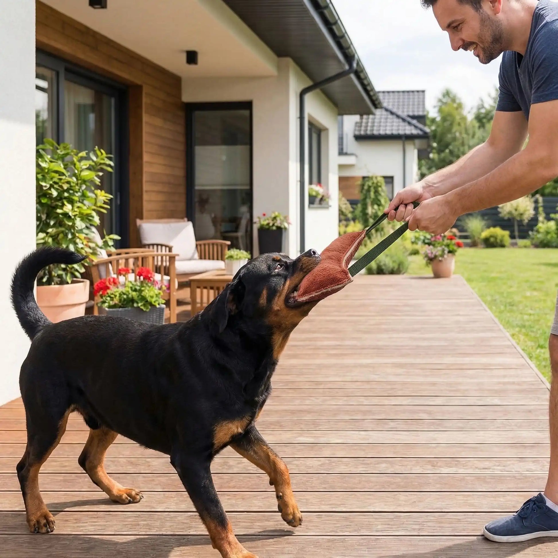 Jouet-pour-chien-indestructible-avec-sangles, en cuir et coton doux, rembourrage coton, pour jeu interactif, éducatif du tug, remorquage ou tir à la corde, jouet durable et écoresponsable, disponible en 3 tailles S, M et L pour chiot et petit à grand chien- un chien de grande taille à machoire puissante qui tire en mordant dans le jouet doux et solide avec son maitre qui tient fermement le jouet par les deux sangles de chaque côté en toute sécurité pour des jeux interactifs sur la terasse de la maison