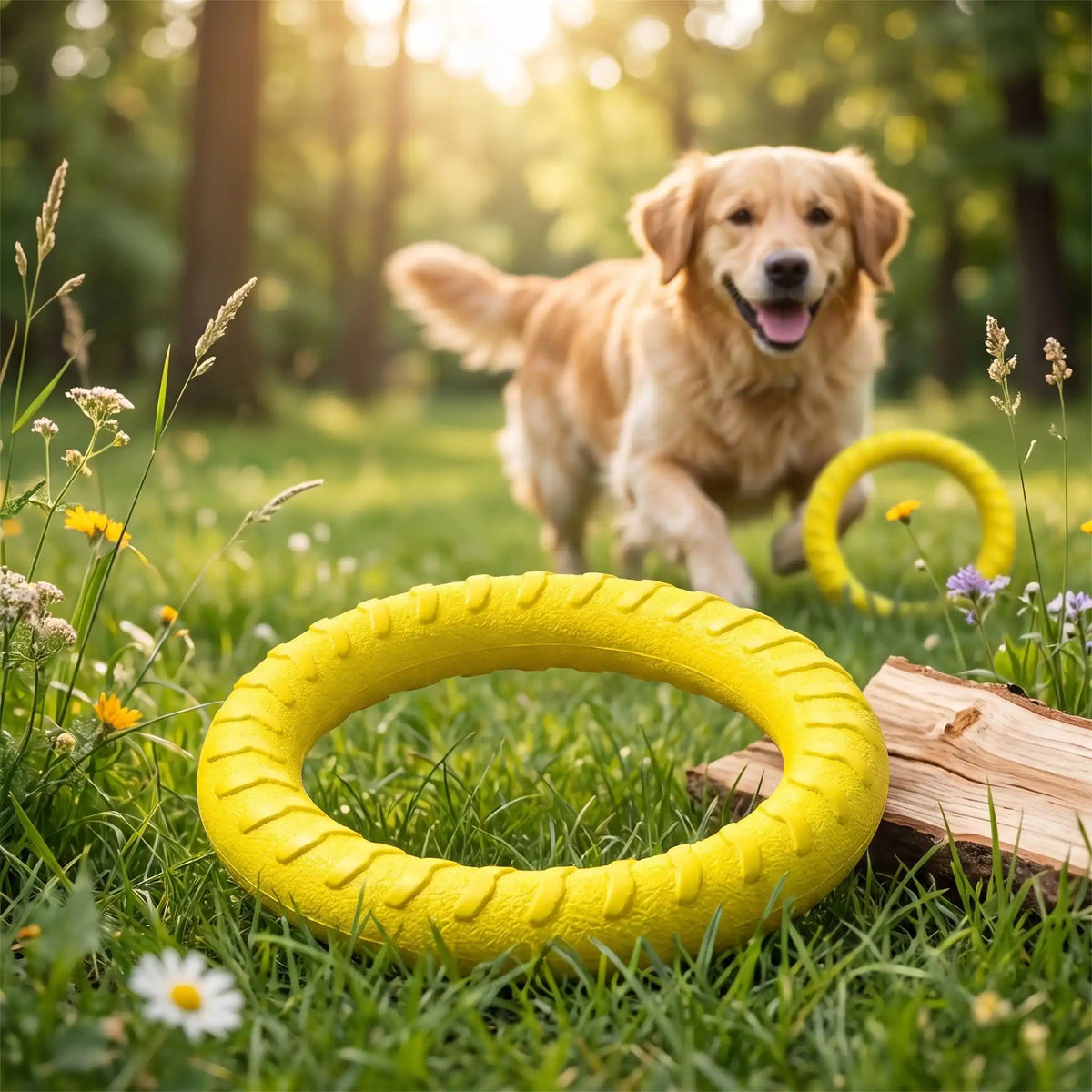 Jouet-pour-chien-interactif en forme d'anneau, en mousse EVA résistante et sans danger, flottant, imperméable, rebondissant, idéal pour les jeu de tug ou tire-tire,jouet d'entrainement et de fitness pour chiot et chien de toutes races disponible en 3 coloris et deux diamètres pour petit, moyen et grand chien-gros plan sur l'anneau doux, souple et solide pour grand chien de 28 cm de diamètre de couleur jaune sur la pelouse du parc avec en arrière plan un grand chien qui court dans sa direction