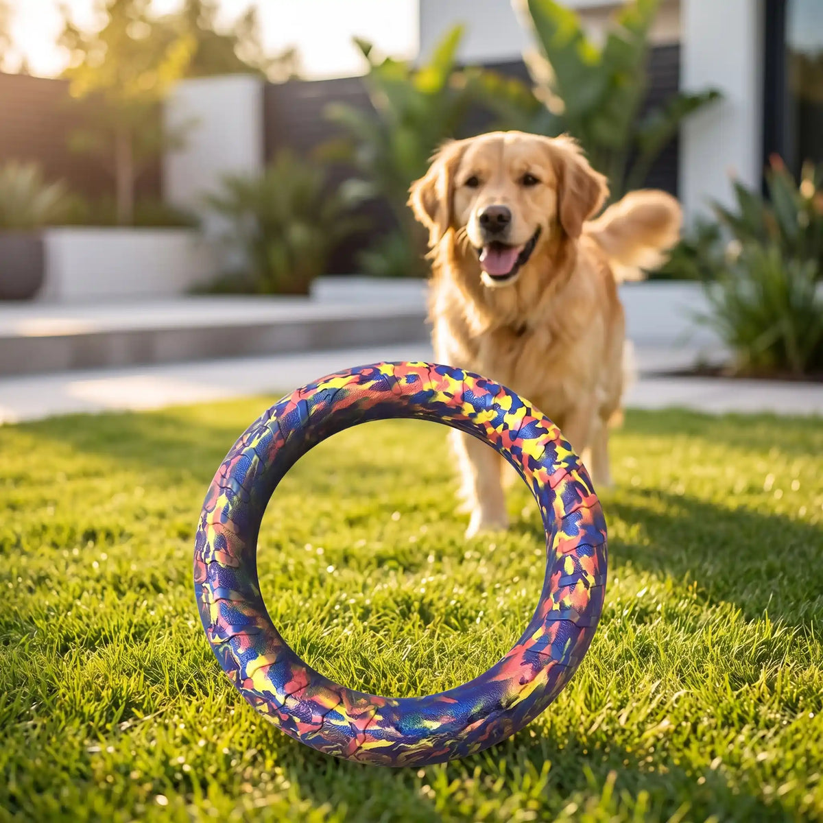 Jouet-pour-chien-interactif en forme d'anneau, en mousse EVA résistante et sans danger, flottant, imperméable, rebondissant, idéal pour les jeu de tug ou tire-tire,jouet d'entrainement et de fitness pour chiot et chien de toutes races disponible en 3 coloris et deux diamètres pour petit, moyen et grand chien-gros plan sur l'anneau doux, souple et solide pour grand chien de 28 cm de diamètre multicolore qui rebondit sur la pelouse de la maison avec en arrière plan un grand chien qui court dans sa direction
