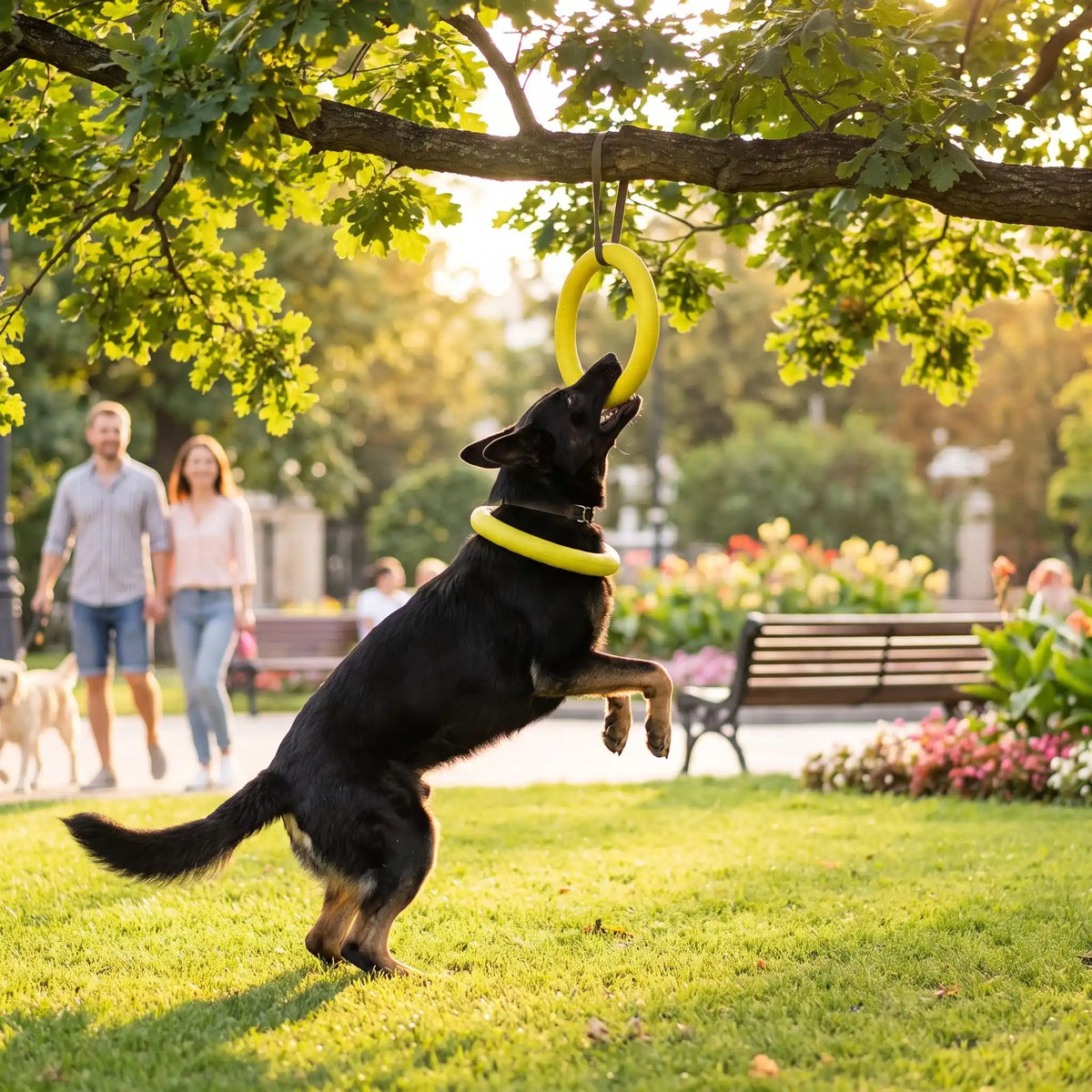 Jouet-pour-chien-interactif en forme d'anneau, en mousse EVA résistante et sans danger, flottant, imperméable, rebondissant, idéal pour les jeu de tug ou tire-tire,jouet d'entrainement et de fitness pour chiot et chien de toutes races disponible en 3 coloris et deux diamètres pour petit, moyen et grand chien-un chien de grande taille qui tire avec sa machoîre sur l'anneau doux, souple et solide de 28 cm de diamètre de couleur jaune attacher à la branche d'un arbre pour travailler sa musculature