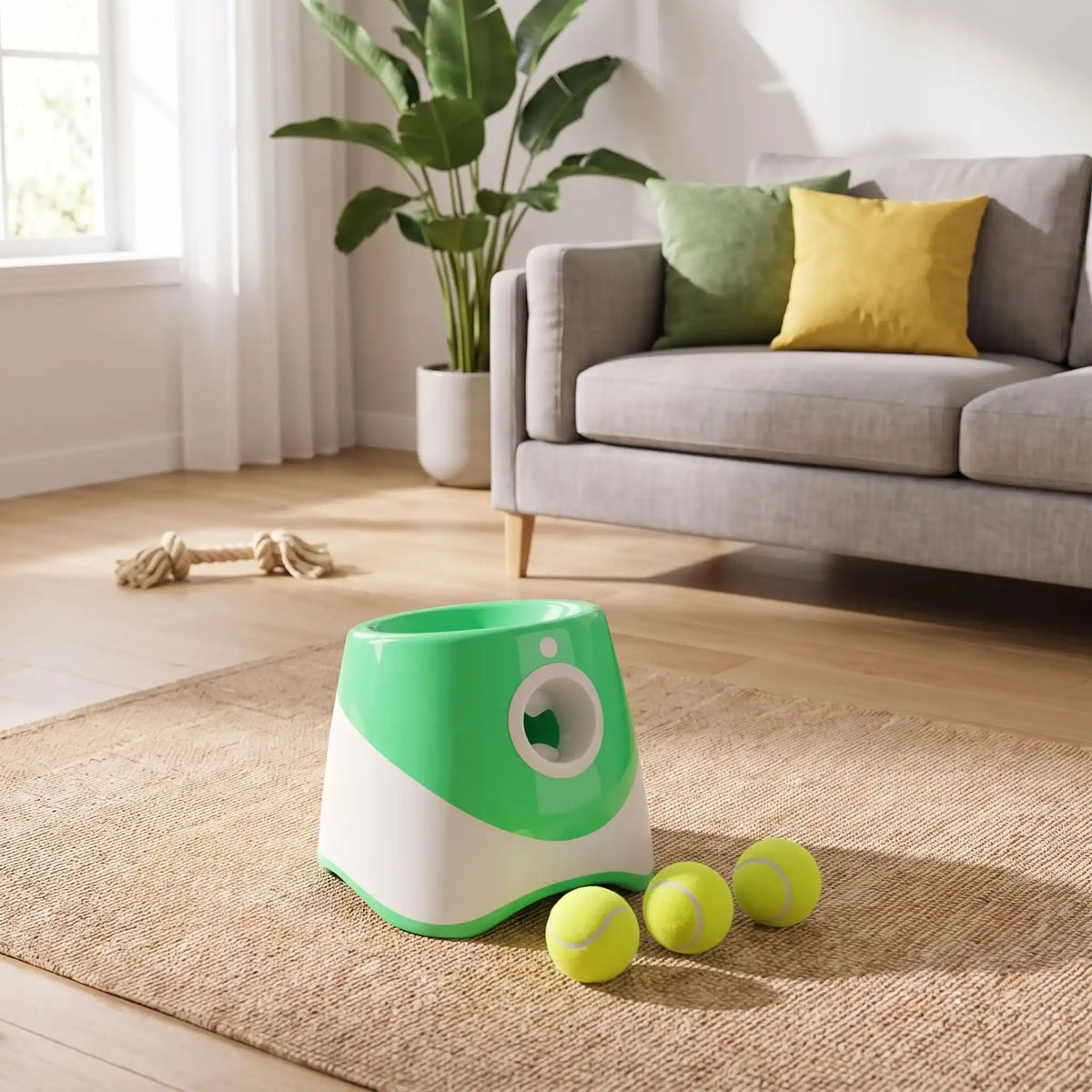 Lance-balle-automatique-pour-chien-3 longueurs réglables : 3/6/9 mètres avec 3 balles de tennis ⌀5 cm pour chien fournies, compatibles avec balles du même diamètre, de couleur blanc et vert, avec sa prise USB, détecteur de mouvement avec lancer automatique, jouet interactif transportable avec sa poignée compact et autonome pour chiot et chien de petite race- gros plan sur le lanceur automatique de couleur blanc et vert clair avec ses 3 balles de tennis sur le sol du salon de l'appartement