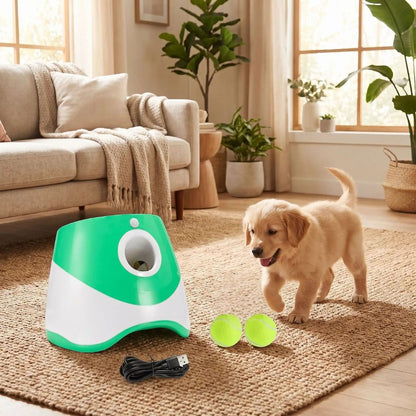 Lance-balle-automatique-pour-chien-3 longueurs réglables : 3/6/9 mètres avec 3 balles de tennis ⌀5 cm pour chien fournies, compatibles avec balles du même diamètre, de couleur blanc et vert, avec sa prise USB, détecteur de mouvement avec lancer automatique, jouet interactif transportable avec sa poignée compact et autonome pour chiot et chien de petite race- un chiot qui s'approche vers le lanceur automatique de couleur blanc et vert clair avec ses 3 balles de tennis sur le sol du salon de la maison