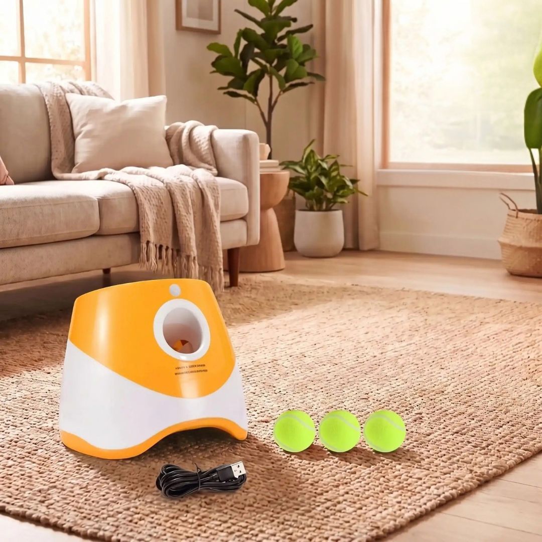 Lance-balle-automatique-pour-chien-3 longueurs réglables : 3/6/9 mètres avec 3 balles de tennis ⌀5 cm pour chien fournies, compatibles avec balles du même diamètre, de couleur blanc et orange, avec sa prise USB, détecteur de mouvement avec lancer automatique, jouet interactif transportable avec sa poignée compact et autonome pour chiot et chien de petite race- gros plan sur le lanceur de balle rechargeable avec ses 3 balles de tennis pour chien et cable USB fournis sur le sol du salon de l'appartement