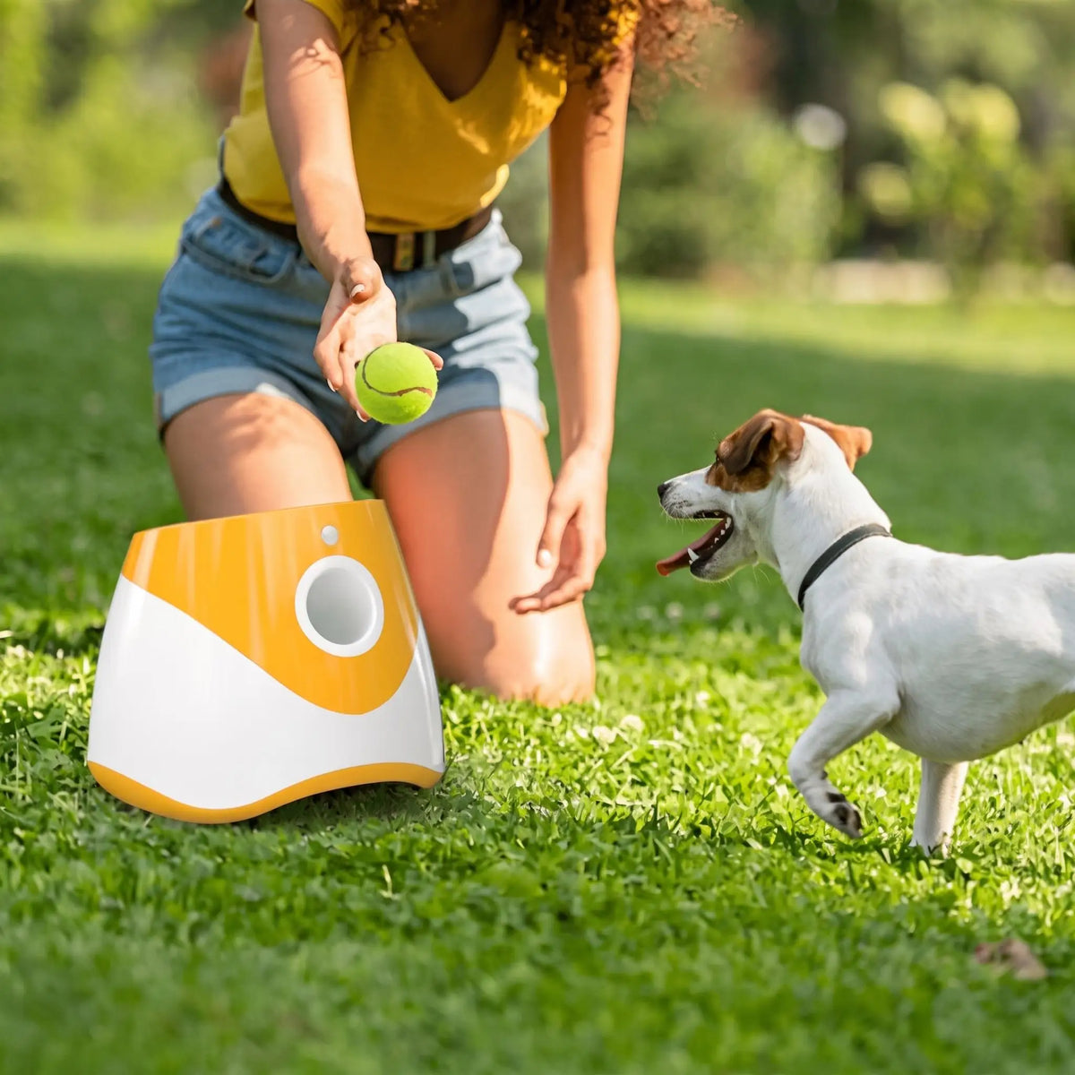 Lance-balle-automatique-pour-chien-3 longueurs réglables : 3/6/9 mètres avec 3 balles de tennis ⌀5 cm pour chien fournies, compatibles avec balles du même diamètre, de couleur blanc et orange, avec sa prise USB, détecteur de mouvement avec lancer automatique, jouet interactif transportable avec sa poignée compact et autonome pour chiot et chien de petite race-une maitresse qui montre à son petit chien comment mettre en autonomie la balle dans le lanceur automatique à détecteur de mouvement dans le parc 
