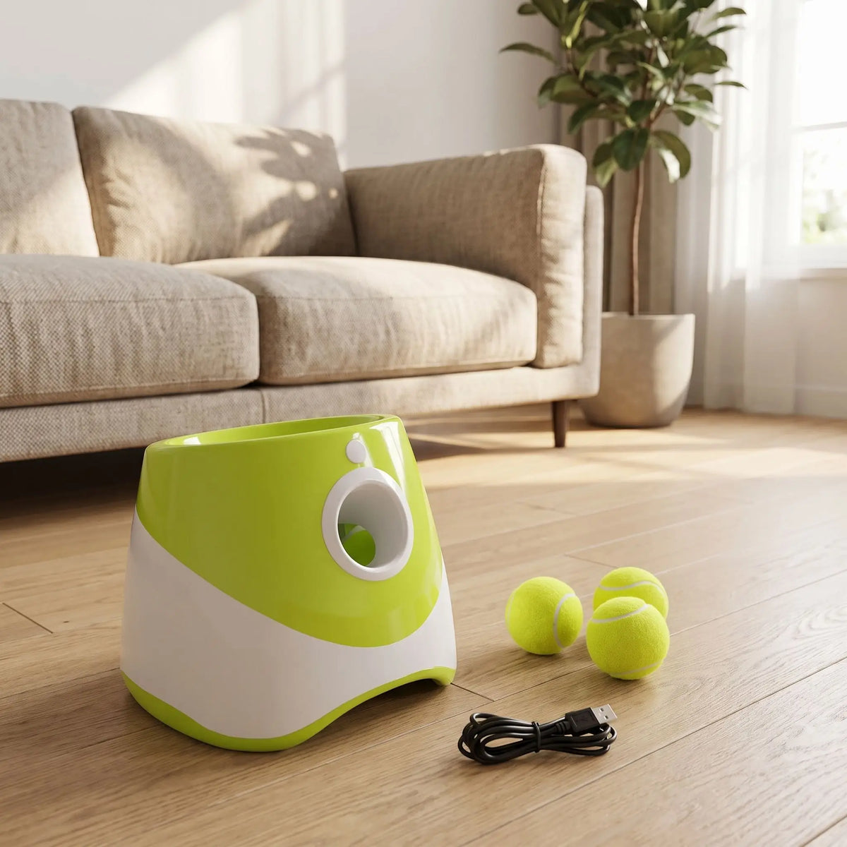Lance-balle-automatique-pour-chien-3 longueurs réglables : 3/6/9 mètres avec 3 balles de tennis ⌀5 cm pour chien fournies, compatibles avec balles du même diamètre, de couleur blanc et vert clair, avec sa prise USB, détecteur de mouvement avec lancer automatique, jouet interactif transportable avec sa poignée compact et autonome pour chiot et chien de petite race- gros plan sur le lanceur de balles automatique pour chien à batterie rechargeable avec ses 3 balles de tennis et un cable USB fournis