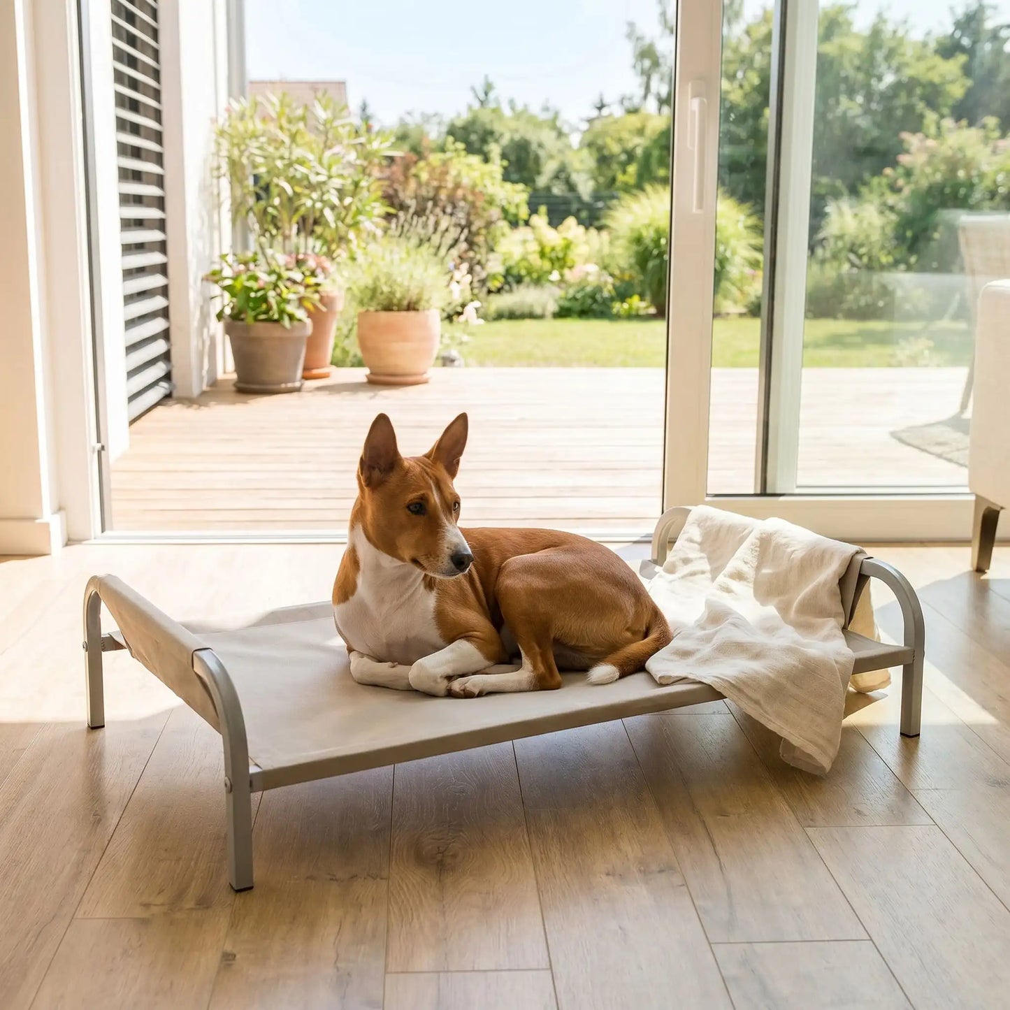Lit-camp-chien-chiot-hamac-imperméable, tissu oxford et nylon, résistant aux griffes et morsures, confortable en maille aérée pour un lit surélevé sur pied et structure en acier inoxydable avec patin anti-rayure et antidérapant sur les 4 pieds, déhoussable et lavable pour chiot et chien de petite à moyenne taille-un Basenji couché confortablement au frais sur le lit surélevé pour chien couleur gris avec design arrondi moderne et anti blessure et housse style hamac dans le salon de la maison en eté
