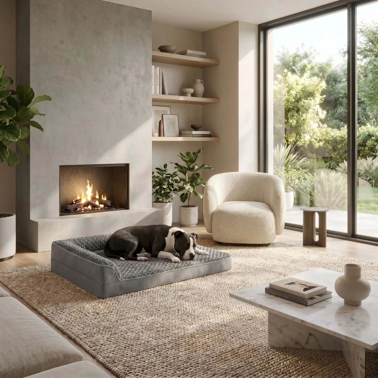 Lit-canapé chien-chiot-orthopédique-xxl avec traversin intégré,antidérapant-imperméable-déhoussable-lavable en machine-résistant aux griffes et morsures  pour  moyen à grand chien et chiot jusqu'à 50 kg max-en velours côtelé et 100% Coton PP et deux traversins cylindriques rembourré en forme de L de couleur gris pour un effet apaisant et sécurisant-un staffordshire bull terrier qui dort paisiblement sur le lit orthopédique avec matelas à mémoire de forme devant la cheminée du salon de la maison