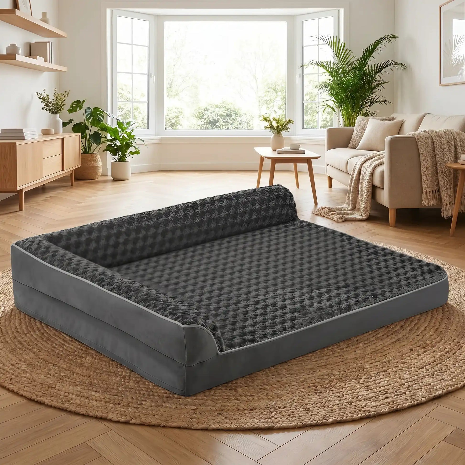 Lit-canapé chien-chiot-orthopédique-xxl avec traversin intégré,antidérapant-imperméable-déhoussable-lavable en machine-résistant aux griffes et morsures  pour  moyen à grand chien et chiot jusqu'à 50 kg max-en velours côtelé et 100% Coton PP et deux traversins cylindriques rembourré en forme de L de couleur gris pour un effet apaisant et sécurisant-gros plan sur le grand lit orthopédique pour chien avec housse en peluche douce et résistante de couleur gris foncé en taille L, XL et XXL