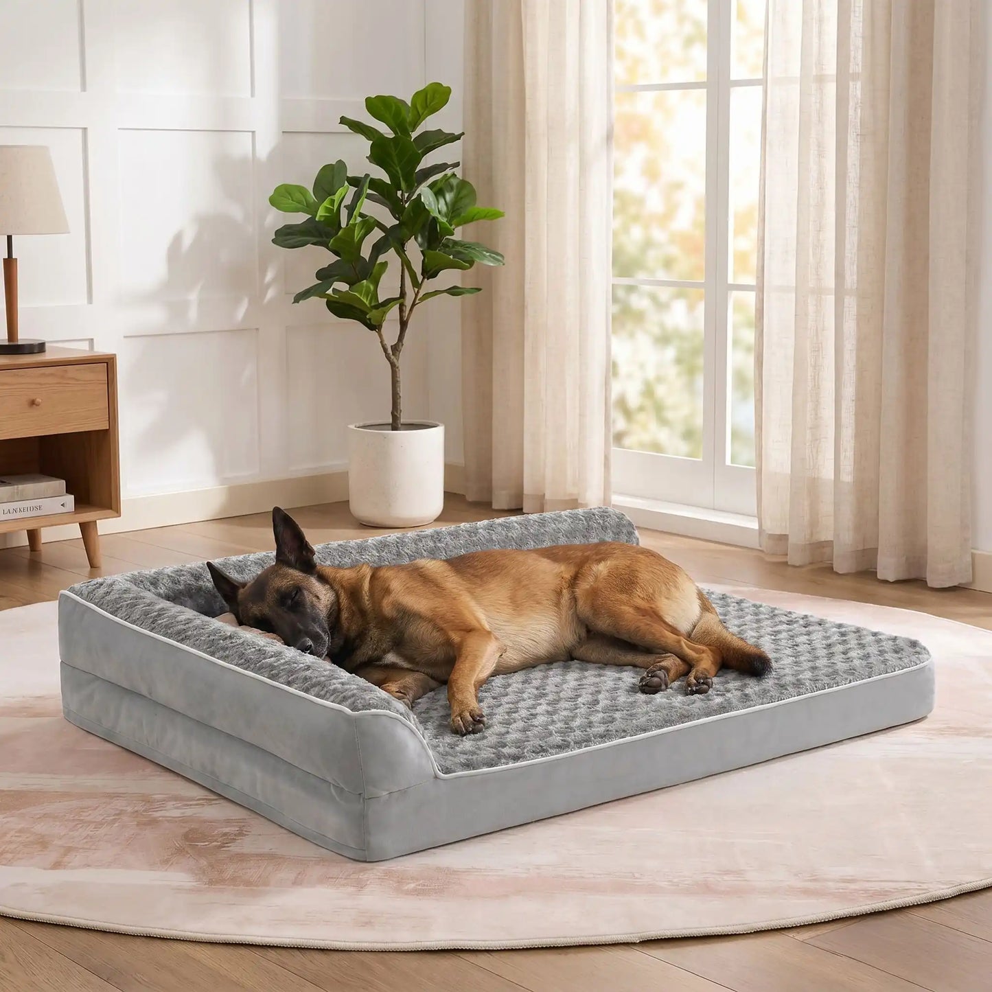 Lit-canapé chien-chiot-orthopédique-xxl avec traversin intégré,antidérapant-imperméable-déhoussable-lavable en machine-résistant aux griffes et morsures  pour  moyen à grand chien et chiot jusqu'à 50 kg max-en velours côtelé et 100% Coton PP et deux traversins cylindriques rembourré en forme de L de couleur gris pour un effet apaisant et sécurisant-un grand chien qui dort paisiblement sur le flanc sur le lit orthopédique avec matelas à mémoire de forme de couleur gris clair dans le salon de la maison