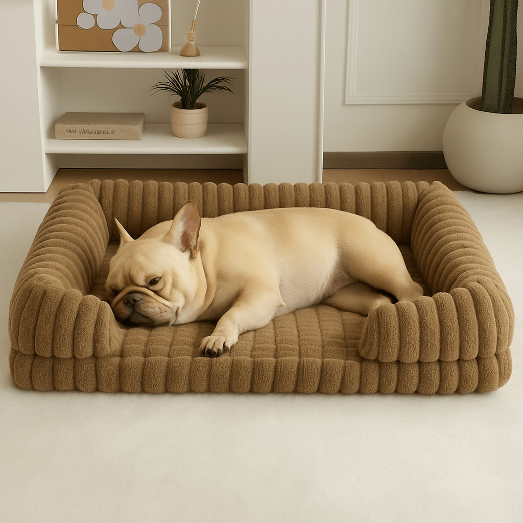 Lit-canapé-orthopédique-pour-chien-antidérapant-matelas à mémoire de forme-rebord surélevé en coton haute densité-déhoussable et lavable en machine-antidérapant-pour petit, moyen et grand chien-un chien moyen qui dort couché dans son lit en velours marron moelleux et ergonomique avec traversin et accoudoir intégré dans le salon de la maison