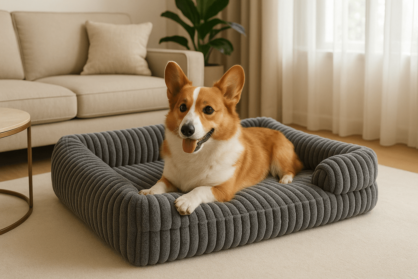 Lit-canapé-orthopédique-pour-chien-antidérapant-matelas à mémoire de forme-rebord surélevé en coton haute densité-déhoussable et lavable en machine-antidérapant-pour petit, moyen et grand chien-un chien heureux couché dans son lit en velours gris moelleux et ergonomique avec traversin et accoudoir intégré dans le salon de l'appartement