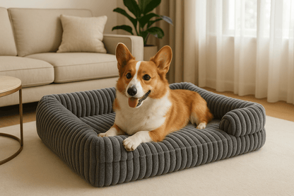 Lit-canapé-orthopédique-pour-chien-antidérapant-matelas à mémoire de forme-rebord surélevé en coton haute densité-déhoussable et lavable en machine-antidérapant-pour petit, moyen et grand chien-un chien heureux couché dans son lit en velours gris moelleux et ergonomique avec traversin et accoudoir intégré dans le salon de l'appartement