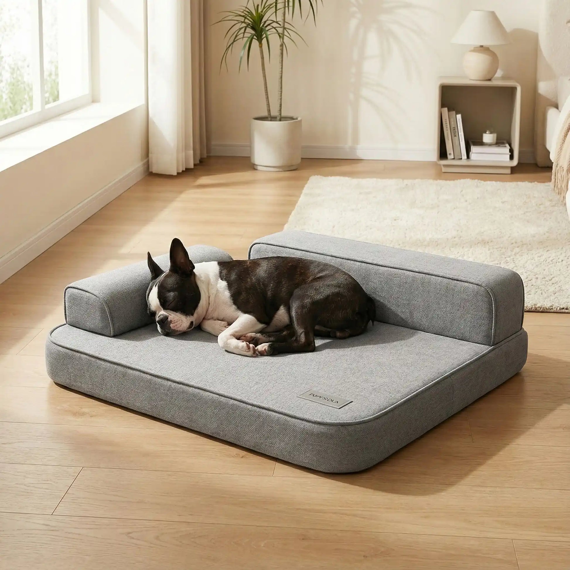 Lit-canapé-pour-chien-chiot-imperméable-orthopédique-dehoussable-lavable en machine, antidérapant,accoudoirs haut en forme de L de couleur gris, technologie anti déchirure, coutures résistantes et solides garantissant sa longue longévité-rembourrage 100% coton haute densité et matelas en mousse éponge haute résilience  à mémoire de forme-un chien de taille moyenne qui dort paisiblement et apaisé sur son lit au design contemporain xxl dans la chambre de la maison