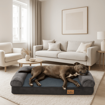 Lit-canapé-pour-chien-orthopédique-imperméable-un gros chien couché sur le flanc et de tout son long qui dort paisiblement sur le matelas orthopédique à mémoire de forme, sa t^te reposant sur le rebord cylindrique 100% coton haute densité imperméable et lavable en machine de couleur gris dans son salon au design moderne 